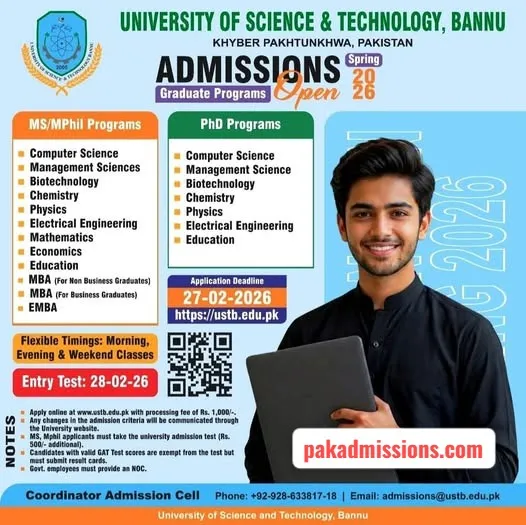 University of Science & Technology, Bannu (UST Bannu) Admission 2026 admission advertisement