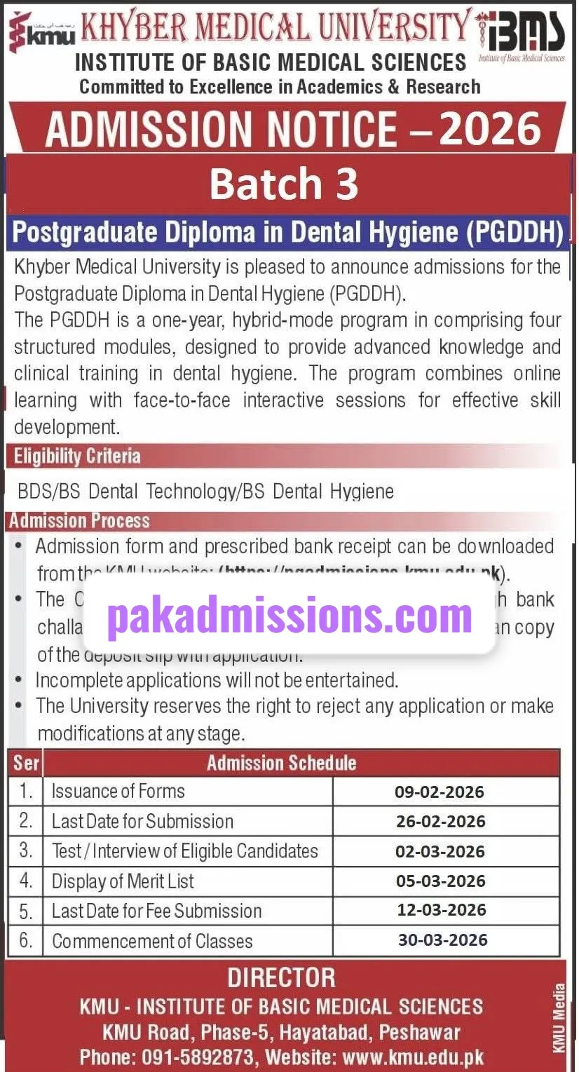 Instituite of Basic Medical Sciences KMU Peshawar (IBMS) Admission 2026 admission advertisement