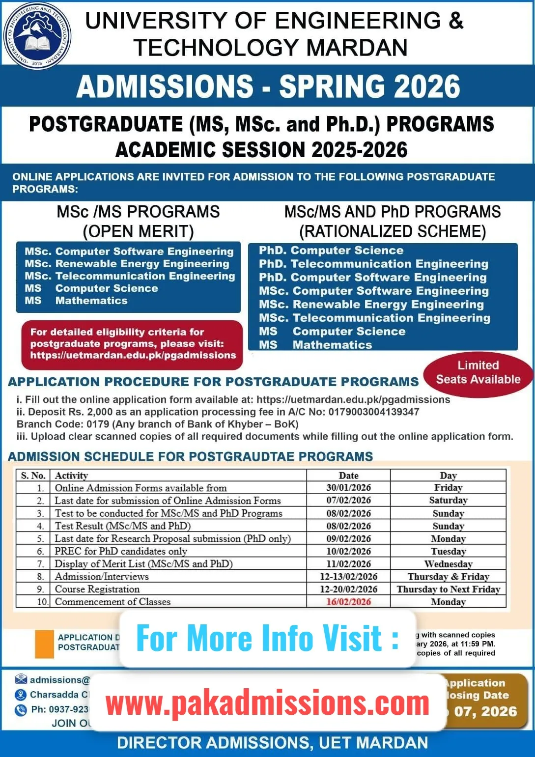 University of Engineering & Technology, Mardan (UET Mardan) - MSc , PhD (Spring Admissions 2026)