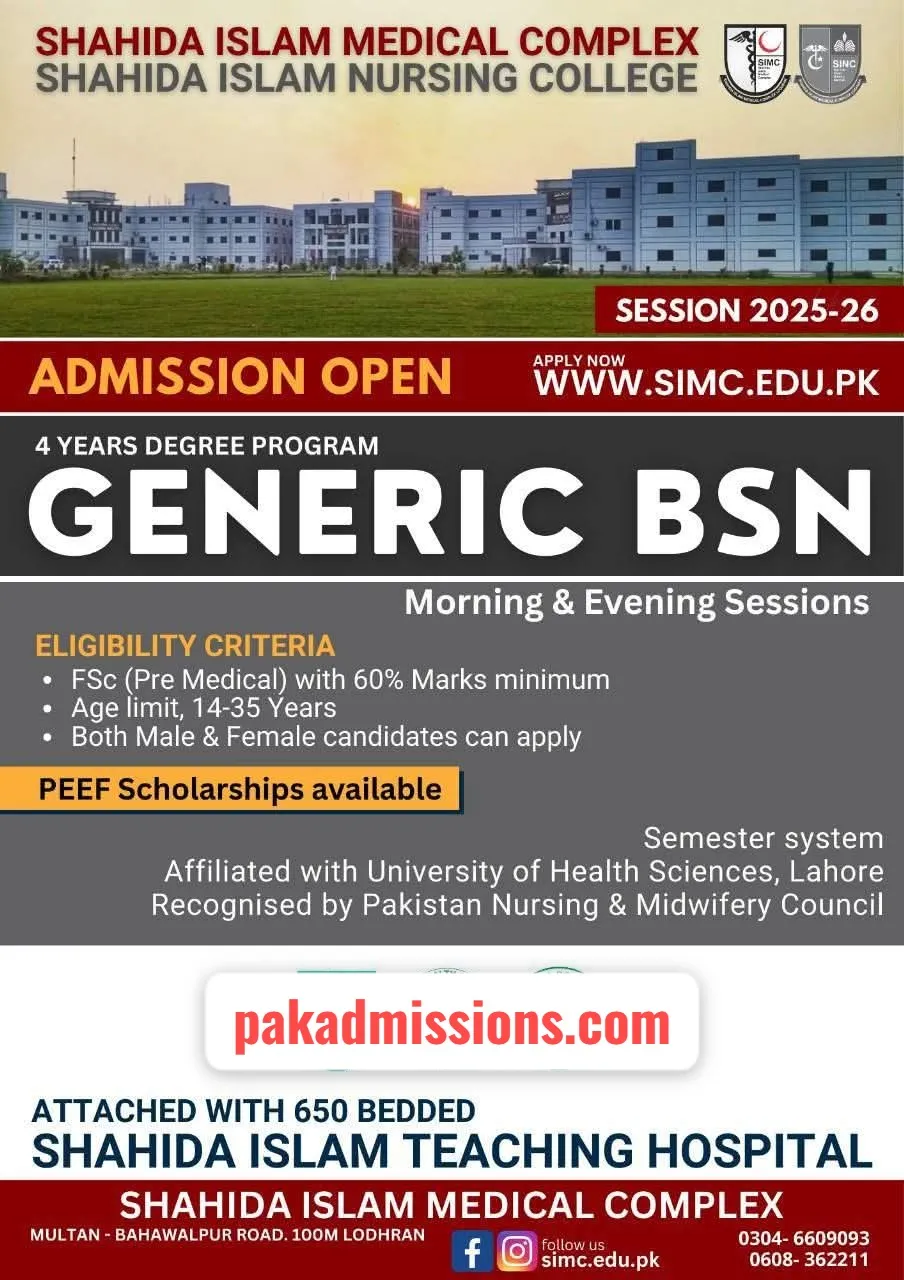 Shahida Islam Medical College (SIMC) - BS Nursing (Spring Admission 2026)