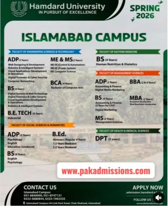 Hamdard University Islamabad Campus (Hamdard) Spring Admission admission advertisement