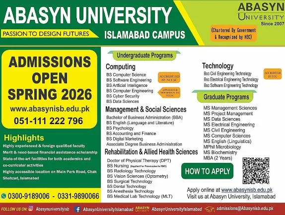 Abasyn University Islamabad ABU (Abasyn) - BS & MS (Spring Admissions 2026)