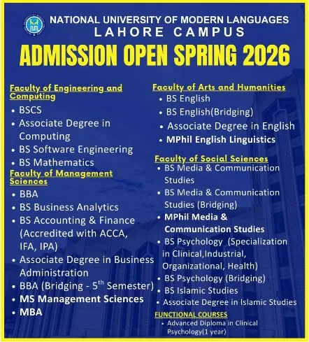 National University of Modern languages Lahore Campus (NUML-LHR) Admission 2026 admission advertisement