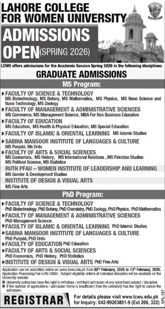 Lahore College for Women University Lahore (LCWU) Admission 2026 admission advertisement