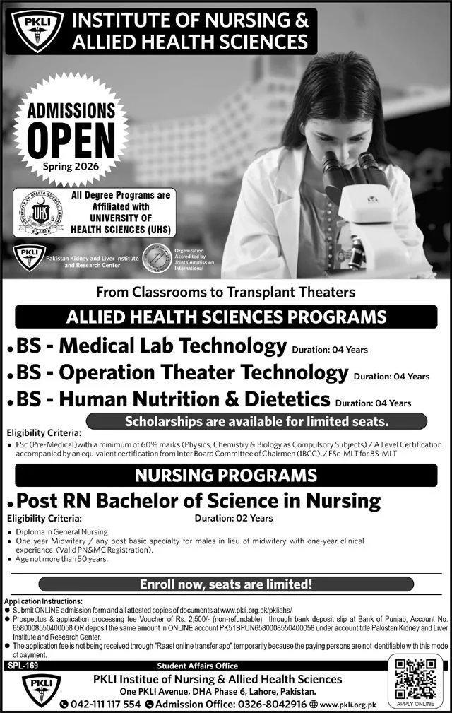 PKLI Institute of Nursing & Allied Health Sciences Admission 2026 admission advertisement
