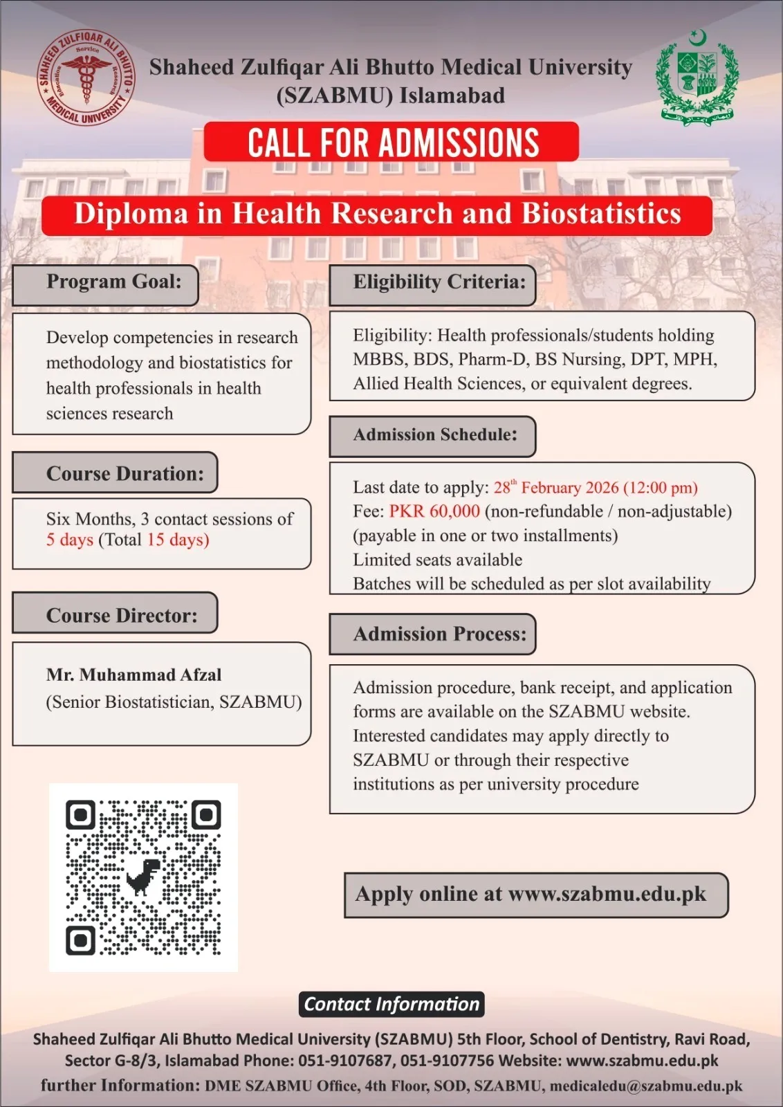 Shaheed Zulfiqar Ali Bhutto Medical University Islamabad (SZABMU) Open Admission admission advertisement