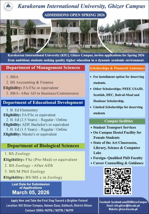 Karakoram International University Gilgit (KIU-Ghizer) Admission 2026 admission advertisement