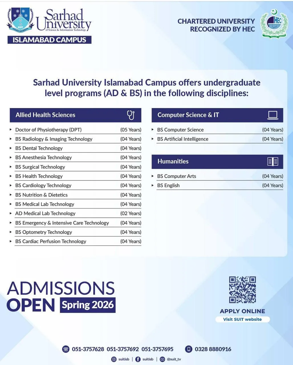 Sarhad University of Science & Information Technology Islamabad Camput (SUSIT-IBD) Admission 2026 admission advertisement