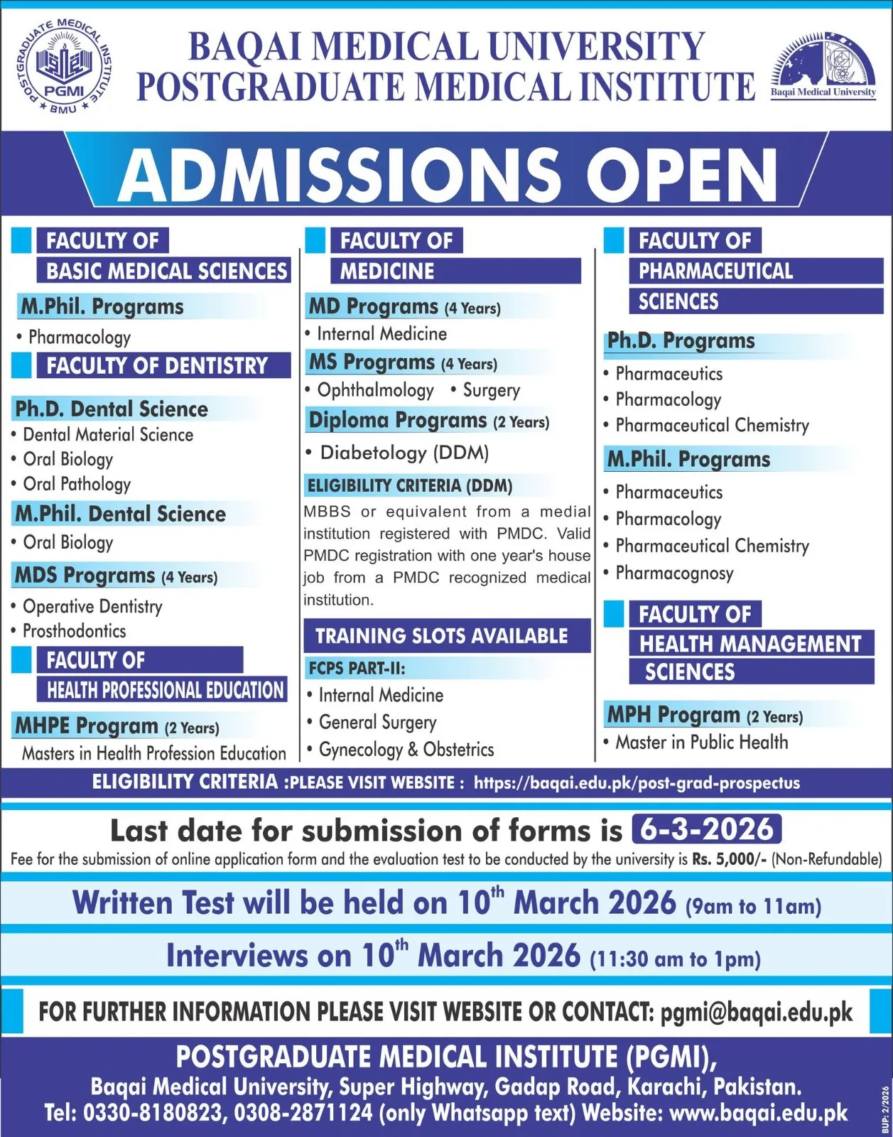 Baqai Medical University Karachi (BMU) Admission 2026 admission advertisement Baqai Medical University Karachi (BMU) Admission 2026 admission advertisement