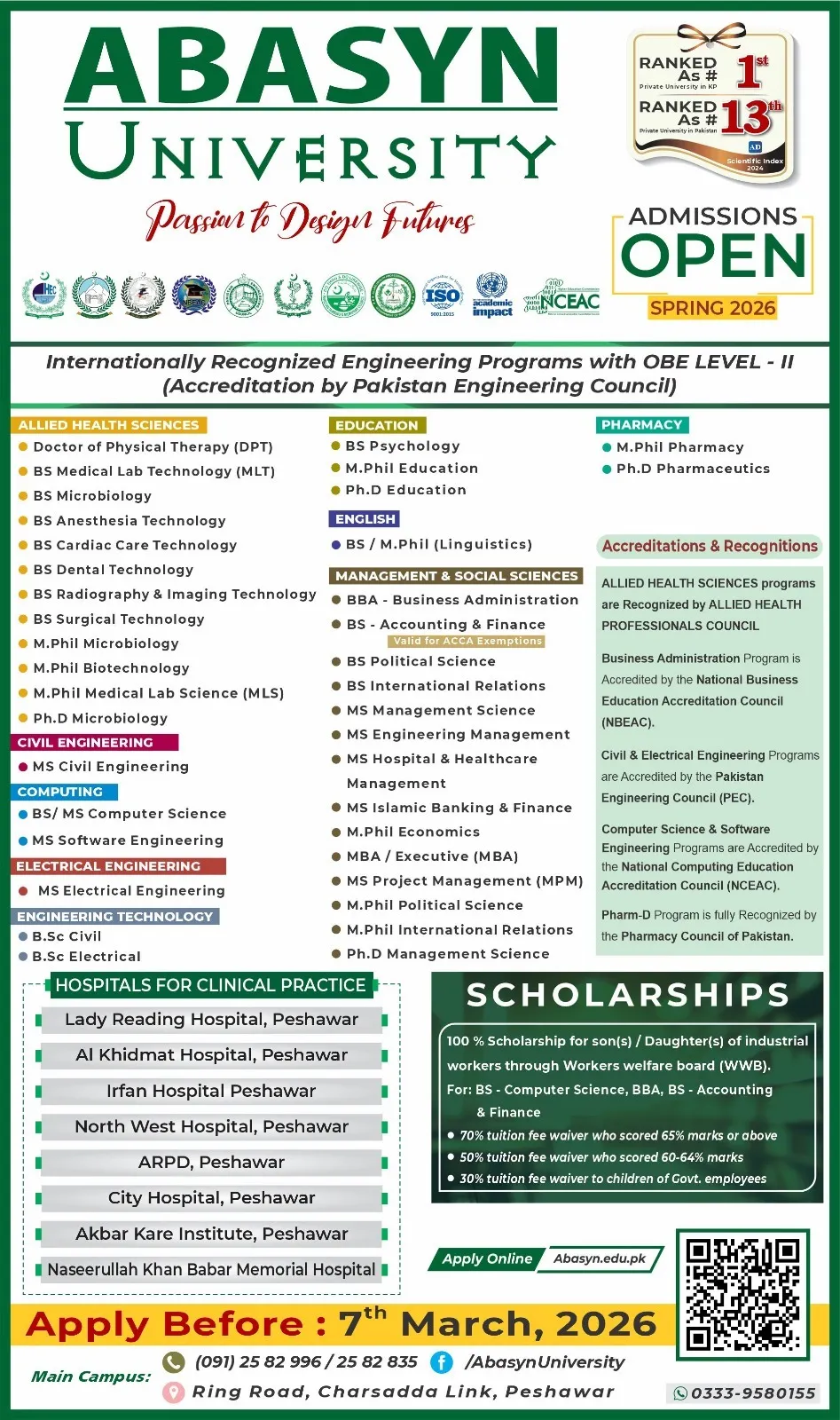Abasyn University Peshawar Campus (ABU-PSH) - Multiple Programs (Spring Admission 2026)