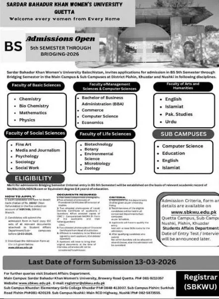 Sardar Bahadur Khan Women?s University Quetta (SBKWU) - BS (Spring admission 2026)