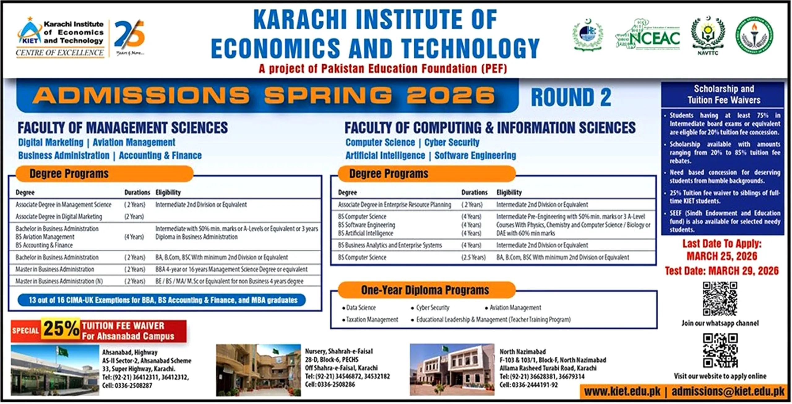 Karachi Institute of Economics and Technology Karachi (PAF KIET) Admission 2026 admission advertisement