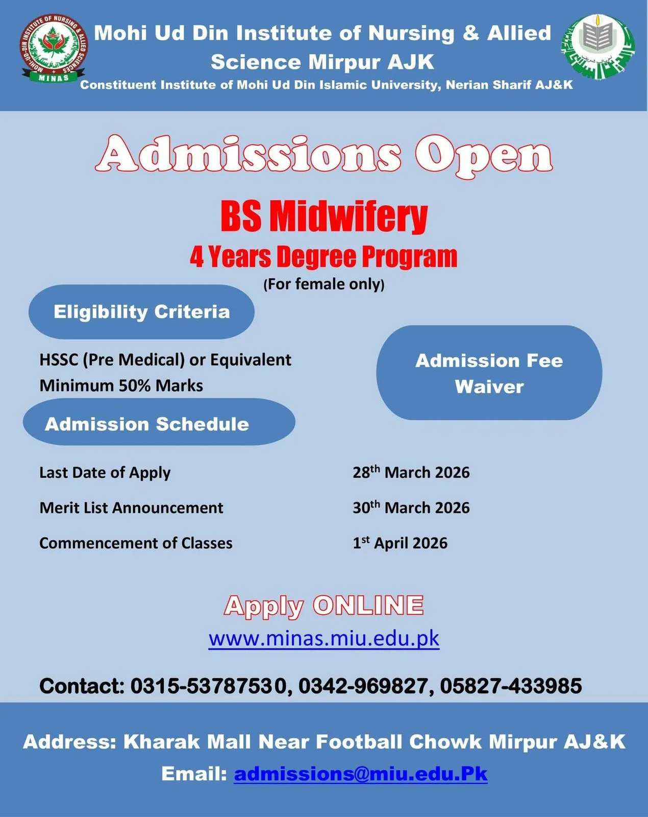 Mohi Ud Din Islamic University Narian Sharif (MIU) Admission 2026 admission advertisement