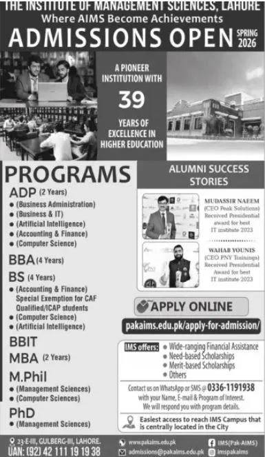 Institute of Management Sciences (IMS) Admission 2026 admission advertisement