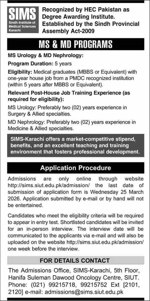 Sindh Institute of Medical Sciences Karachi (SIMS) Admission 2026 admission advertisement