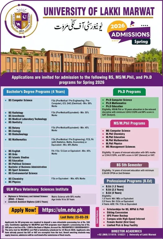 University of Lakki Marwat (ULM) Admission 2026 admission advertisement