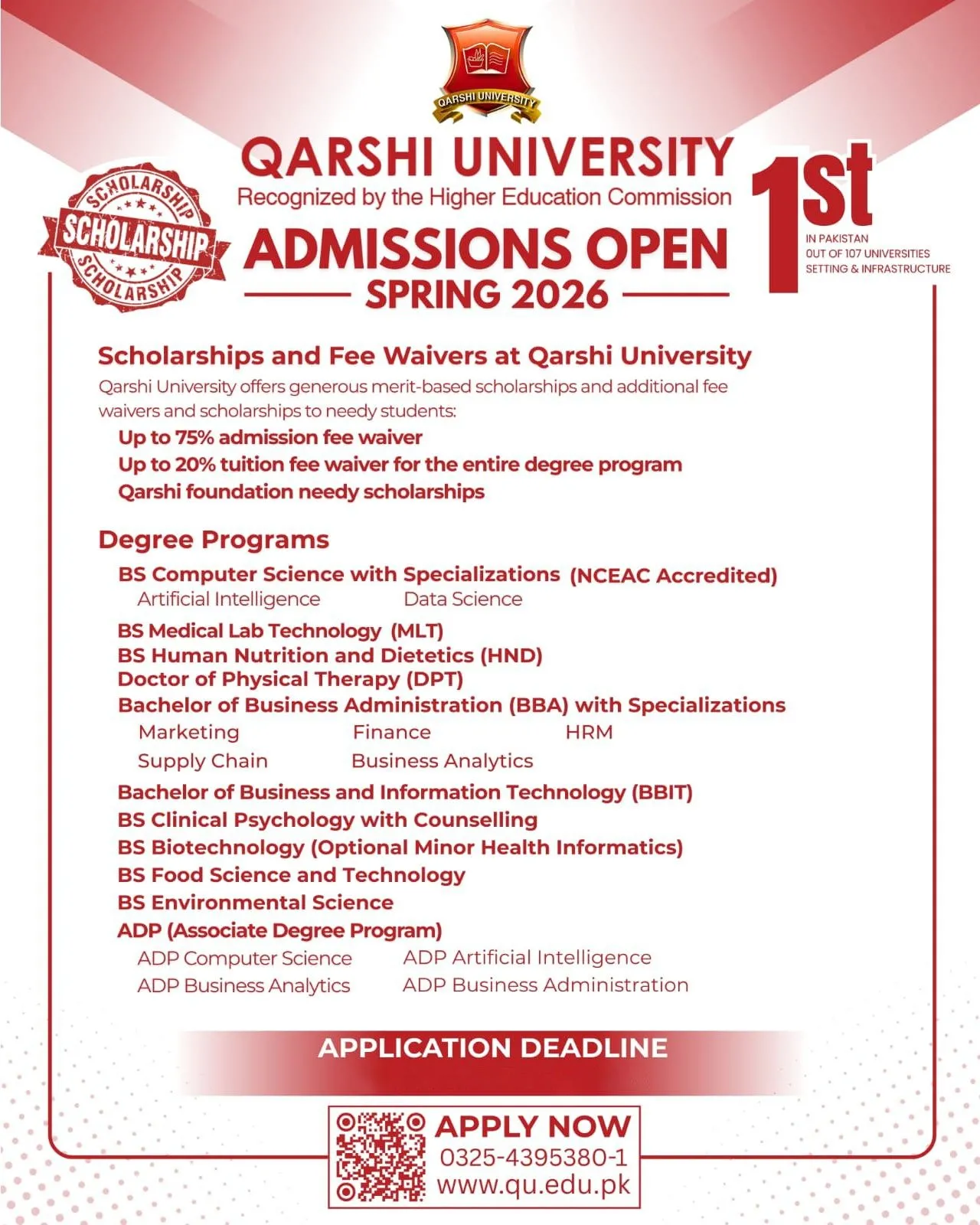Qarshi University (QU) Admission 2026 admission advertisement