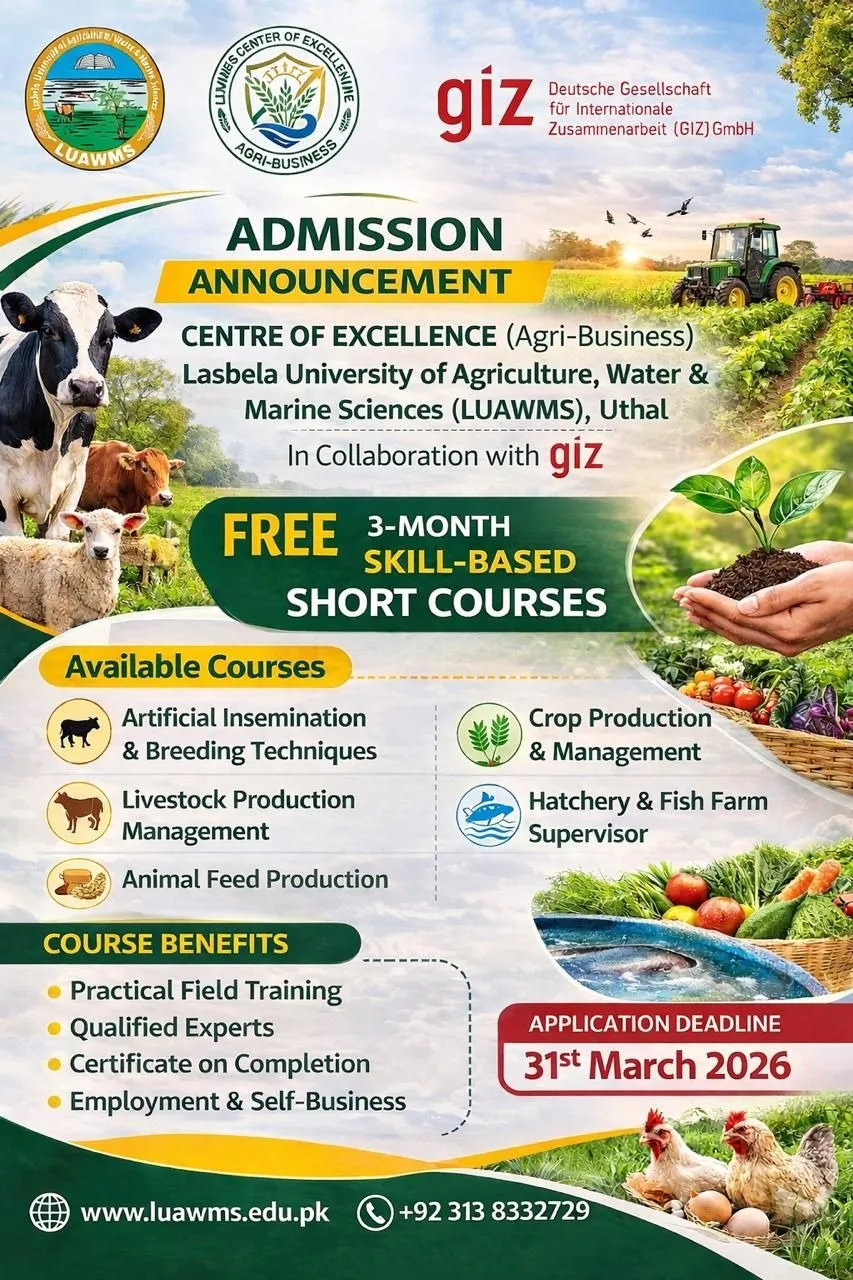Lasbela University of Agriculture, Water & Marine Sciences Uthal (LUAWMS) Admission 2026 admission advertisement