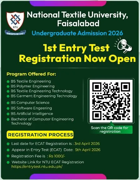 National Textile University Faisalabad (NTU) - BS (Spring Admission 2026)