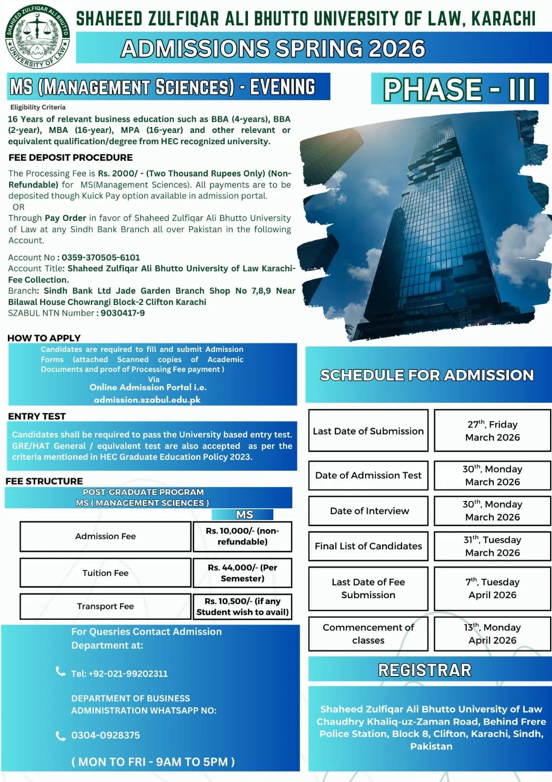 Shaheed Zulfiqar Ali Bhutto University of Law Karachi (SZABUL) Admission 2026 admission advertisement Shaheed Zulfiqar Ali Bhutto University of Law Karachi (SZABUL) Admission 2026 admission advertisement