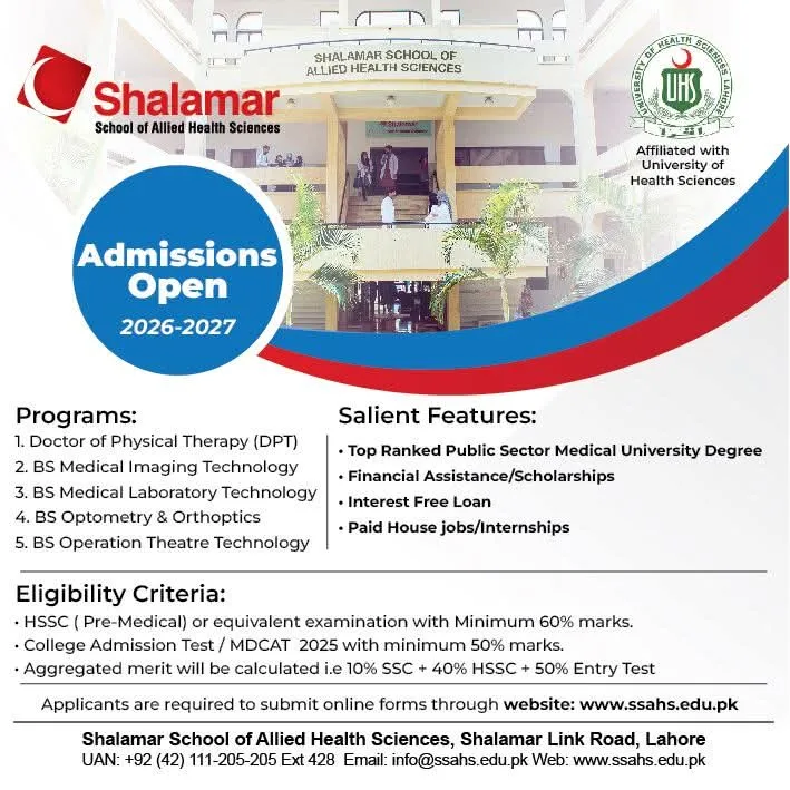 Shalamar School of Allied Health Services Lahore Admission 2026 admission advertisement