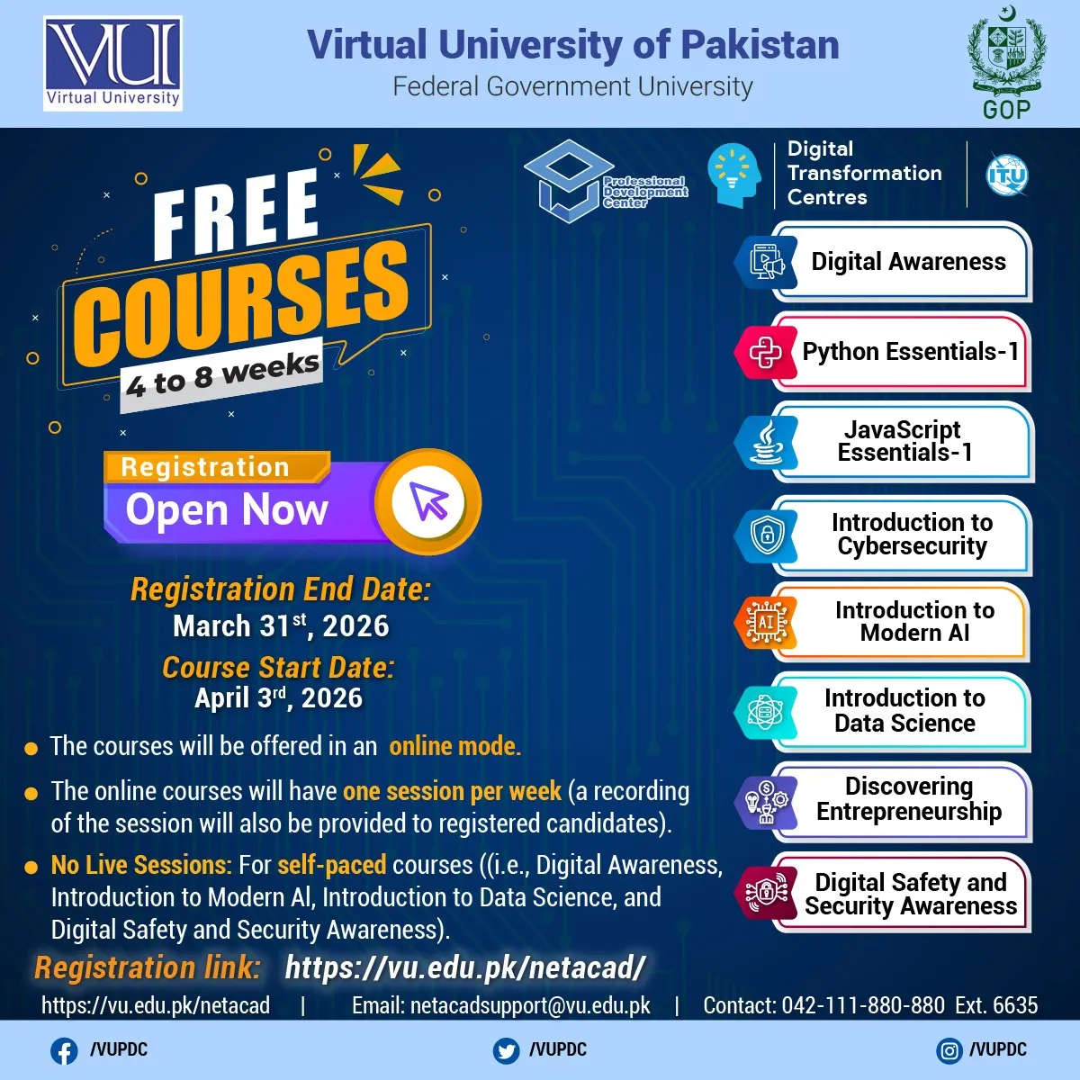 Virtual University of Pakistan (VU) Free Cources admission advertisement Virtual University of Pakistan (VU) Free Cources admission advertisement