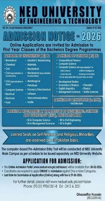 NED University of Engineering & Technology Karachi (NEDUET) - BS (Fall Admissions 2026)