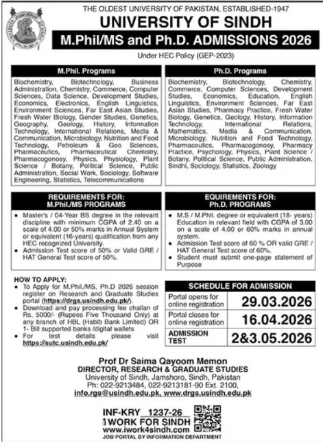 University of Sindh JAMSHORO (UoS) - MS, MPhil, PhD (Fall Admissions 2026)