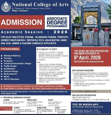 National College of Arts Gilgit Campus Admission 2026 admission advertisement