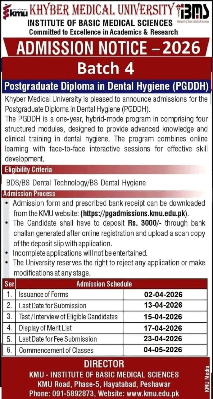 Khyber Medical University Peshawar (KMU) PGDDH Admission admission advertisement