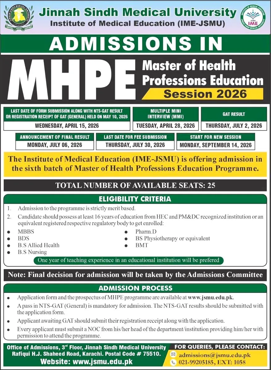 Jinnah Sindh Medical University Karachi (JSMU) - Master of Health Professions Education (MHPE) (MHPE Admissions 2026)