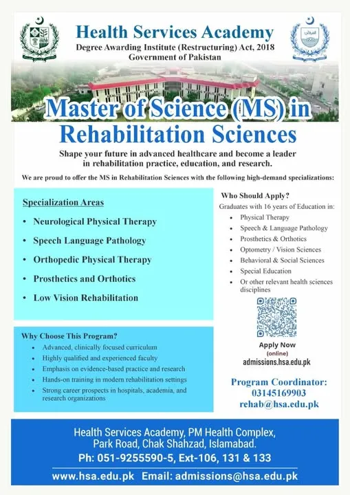 Health Services Academy, Islamabad (HSA) - MS Rehabilitation Sciences (Spring Admission 2026)