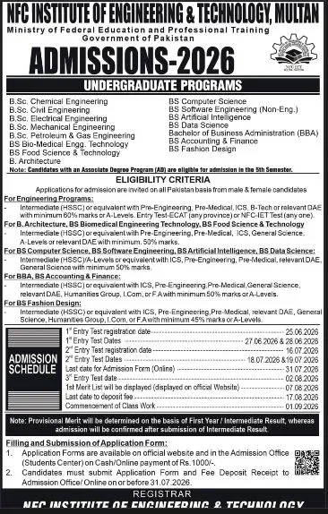 NFC Institute of Engineering & Technology (NFCIET) - Undergraduate Programs (2026)
