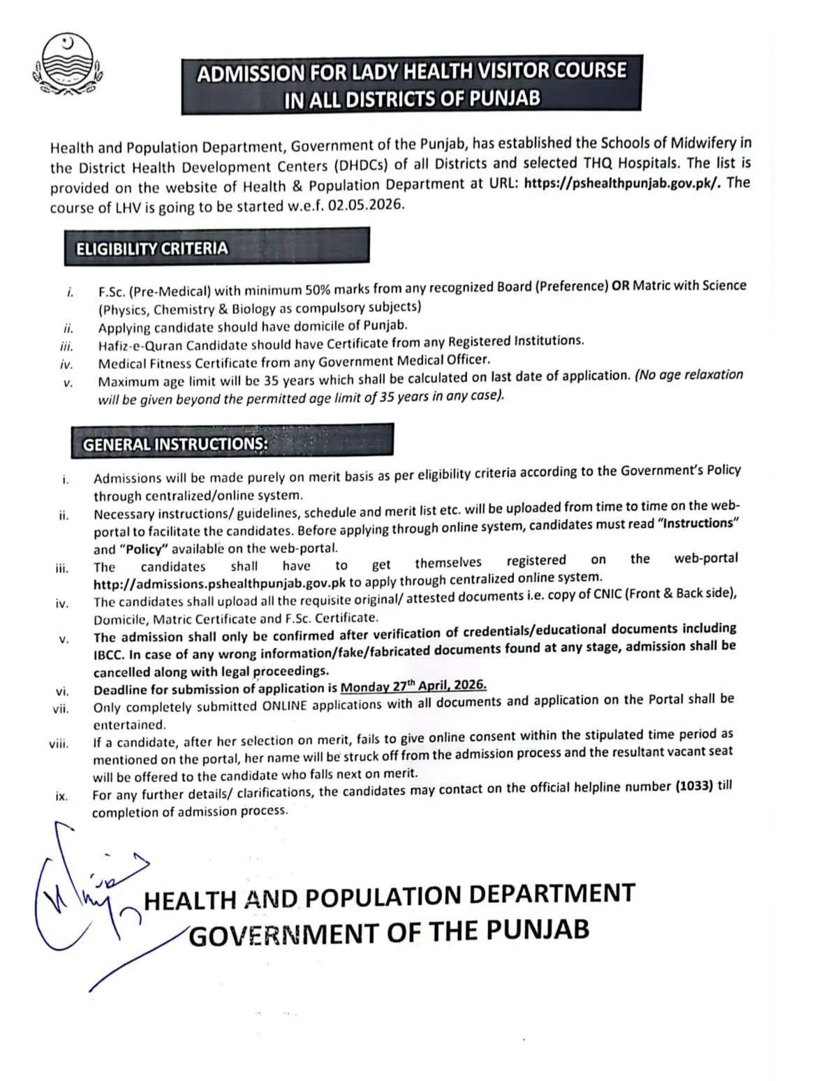 College of Nursing, QAMC/Bahawalpur Victoria Hospital, Bahawalpur (CON-QAMC) - Lady Health Visitor (LHV) (LHV Admissions 2026)
