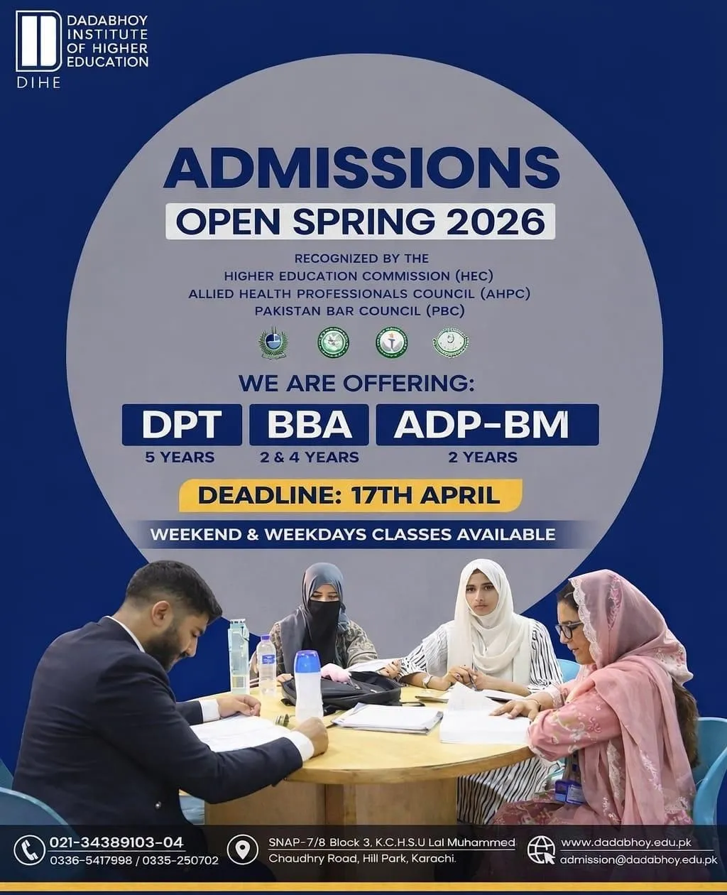 Dadabhoy Institute of Higher Education Karachi (DIHE) DPT BBA ADP Admission 2026 admission advertisement