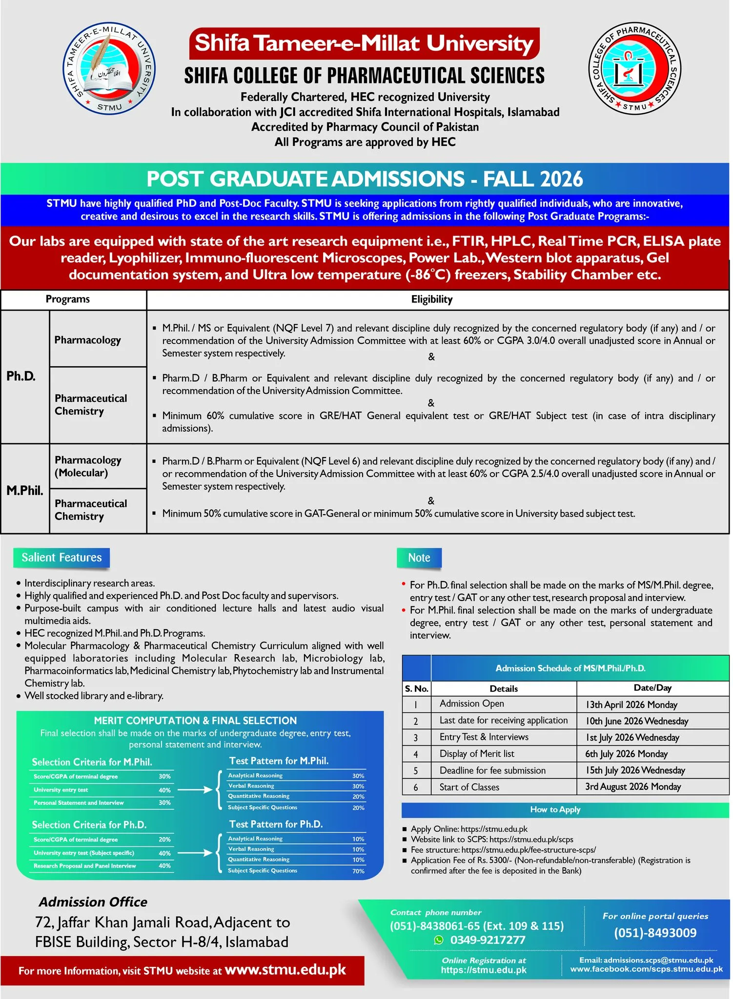 Shifa College of Pharmaceutical Sciences - Post Graduate Program (Admissions 2026)