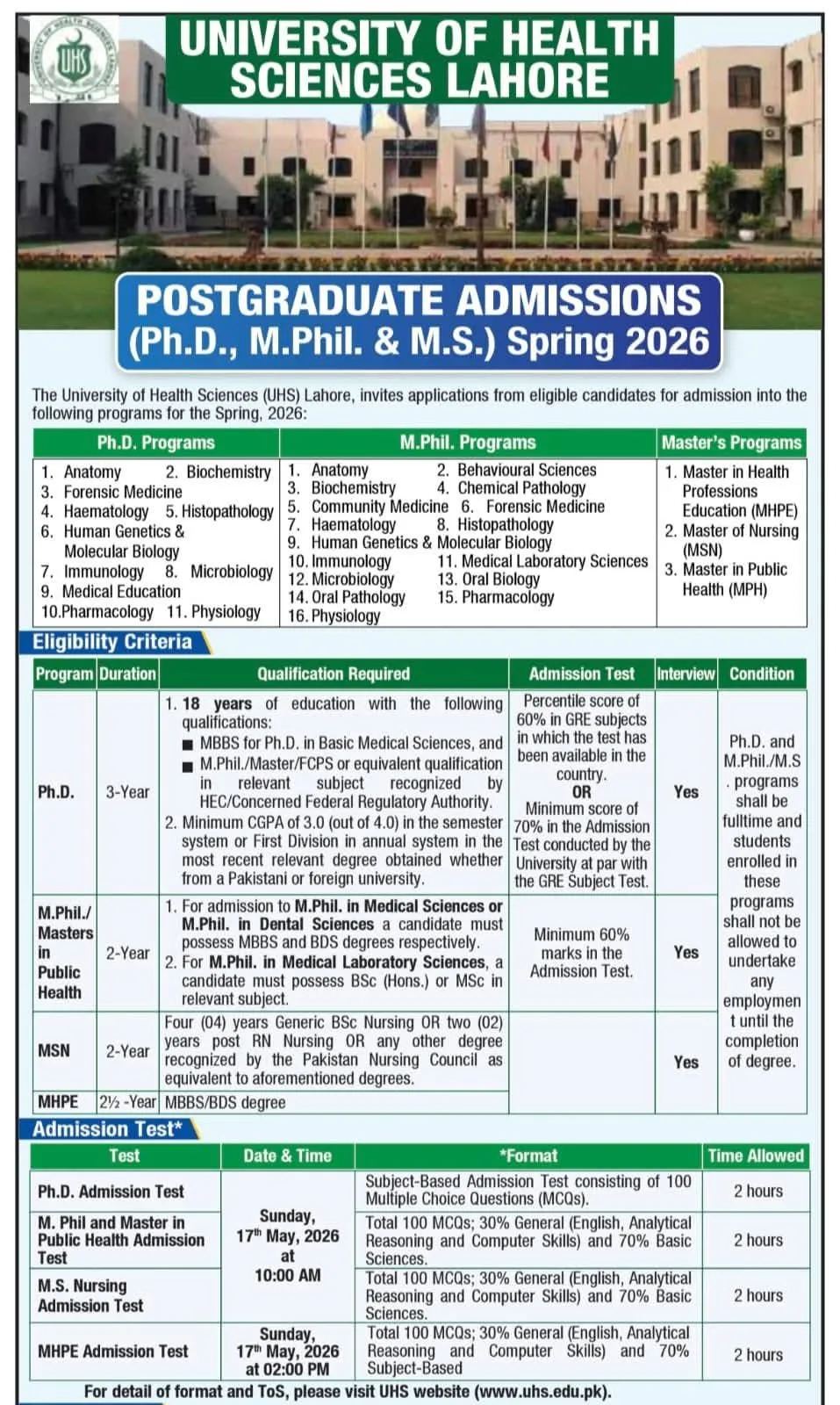 University of Health Sciences (UHS) - Post Graduate Program (PhD MPhil MS Admission 2026)