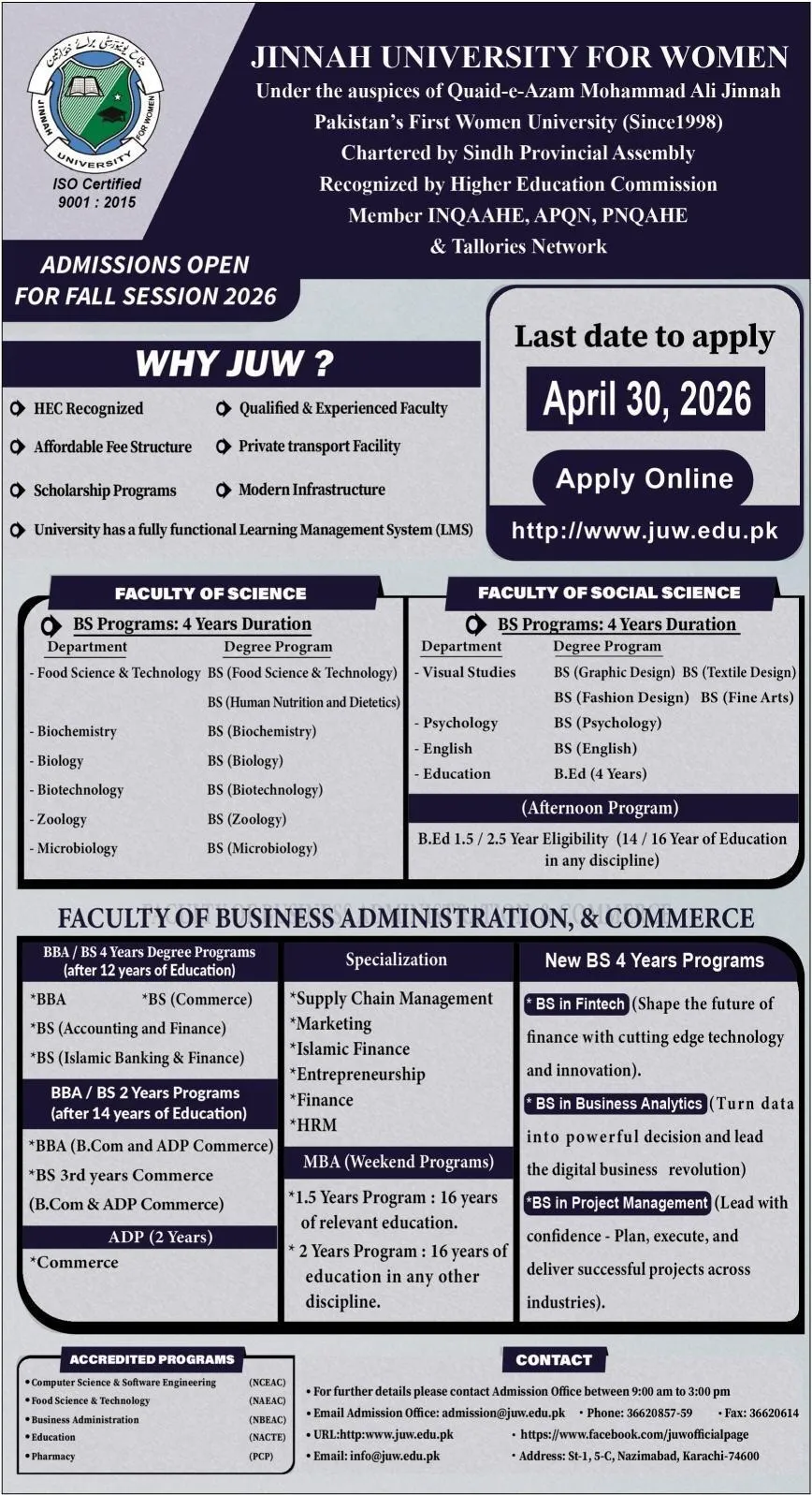 Jinnah University for Women Karachi (JUW) Admission 2026 admission advertisement Jinnah University for Women Karachi (JUW) Admission 2026 admission advertisement