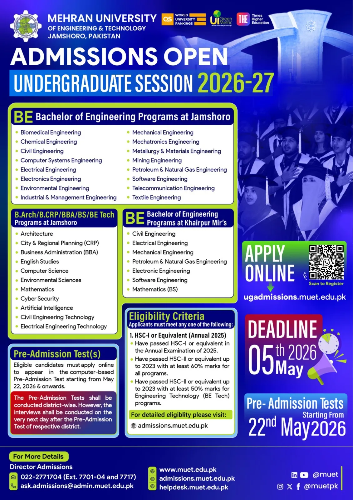 Mehran University of Engineering & Technology Jamshoro (MUET) Admissions 2026 admission advertisement