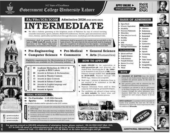 Government College University Lahore (GCU Lahore) Admissions 2026 admission advertisement