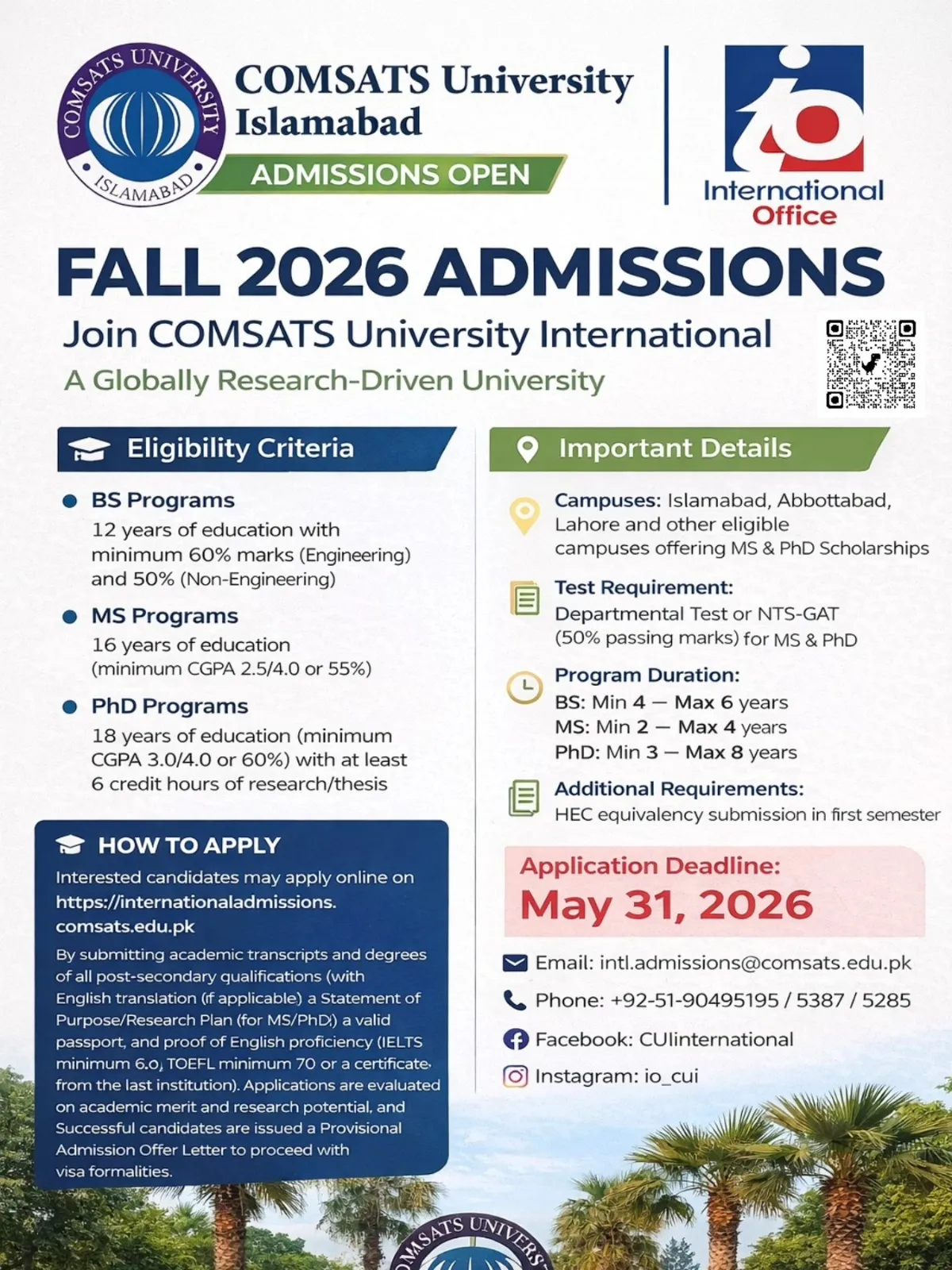 COMSATS University Islamabad (COMSATS) - Undergraduate / Postgraduate Programs (Admission for Foreign Students 2026)