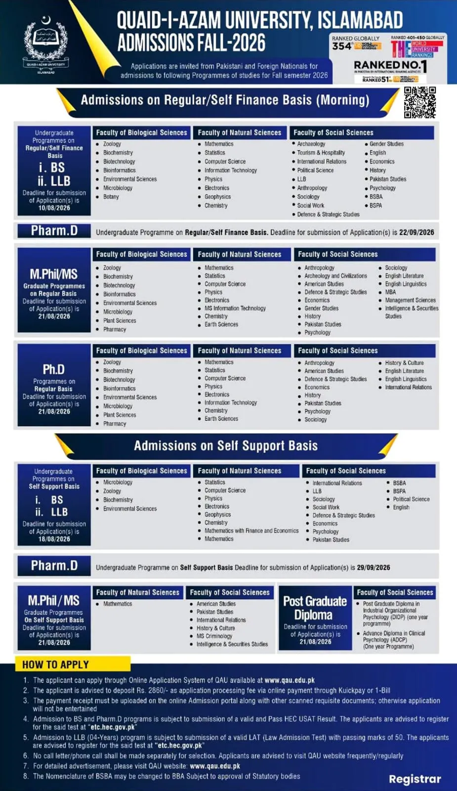 Quaid-i-Azam University Islamabad (QAU) - BS, MS, PHD (Admissions Fall 2026)
