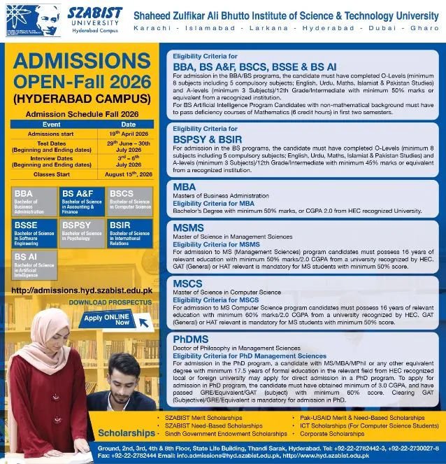 Shaheed Zulfikar Ali Bhutto Institute of Science & Technology( Hyderabad Campus ) Admissions Fall 2026 admission advertisement