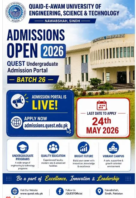 Quaid-e-Awam University of Engineering, Science & Technology Nawabshah (QUEST) Undergraduate Admissions 2026 admission advertisement