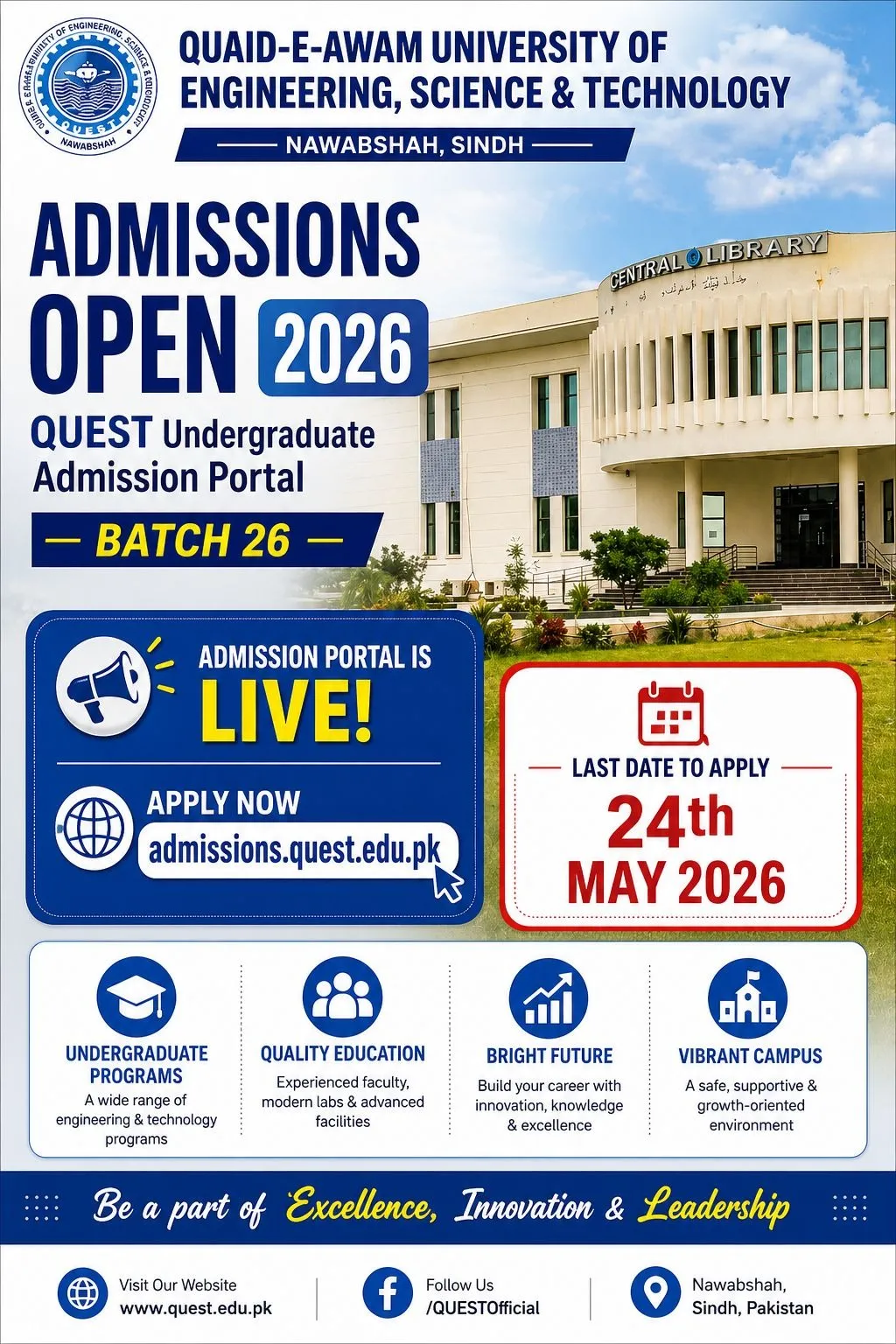 Quaid-e-Awam University of Engineering, Science & Technology Nawabshah (QUEST) Fall Admission 2026 admission advertisement