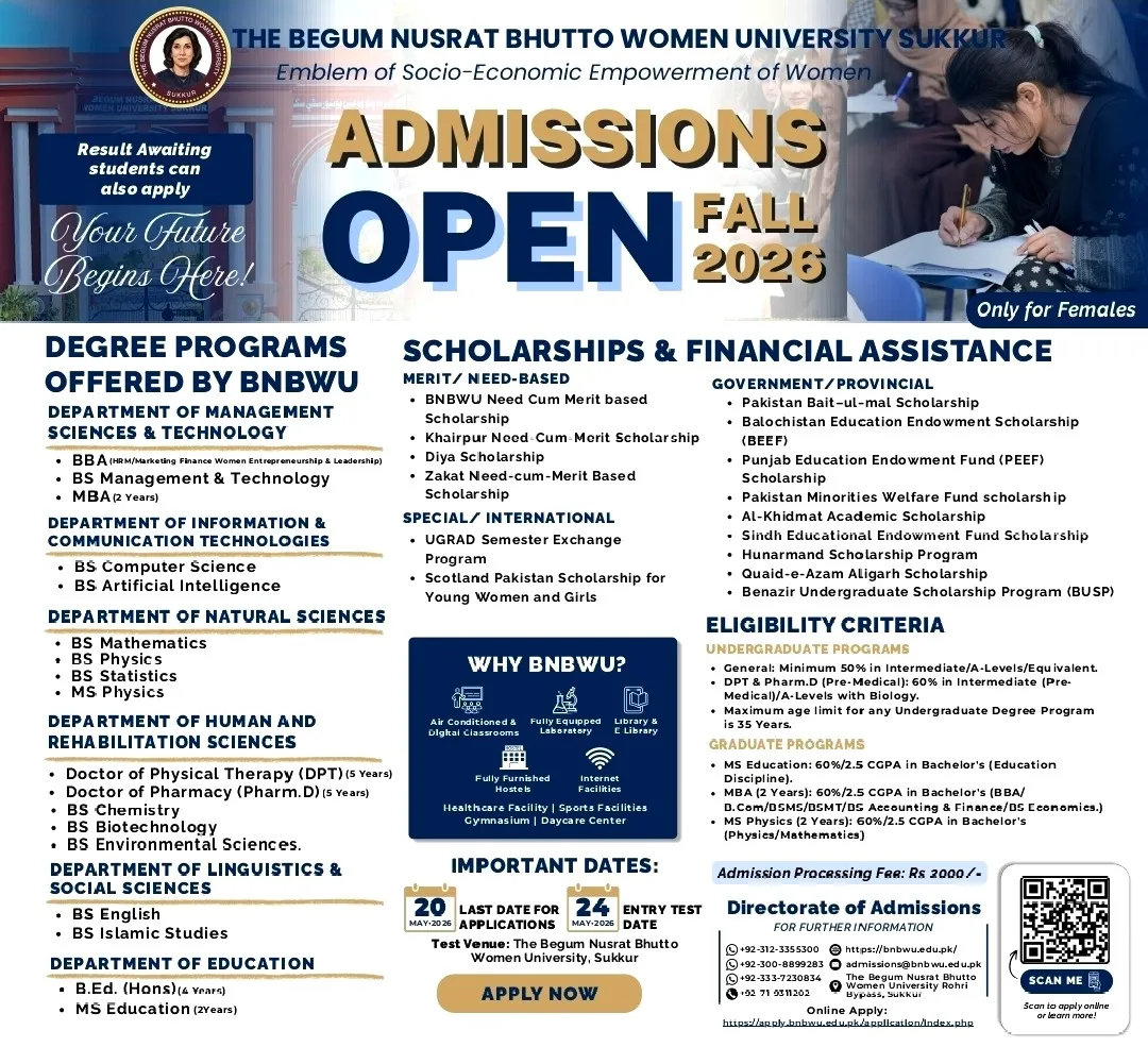 Begum Nusrat Bhutto University Sukkur (BNBU) Fall Admission 2026 admission advertisement