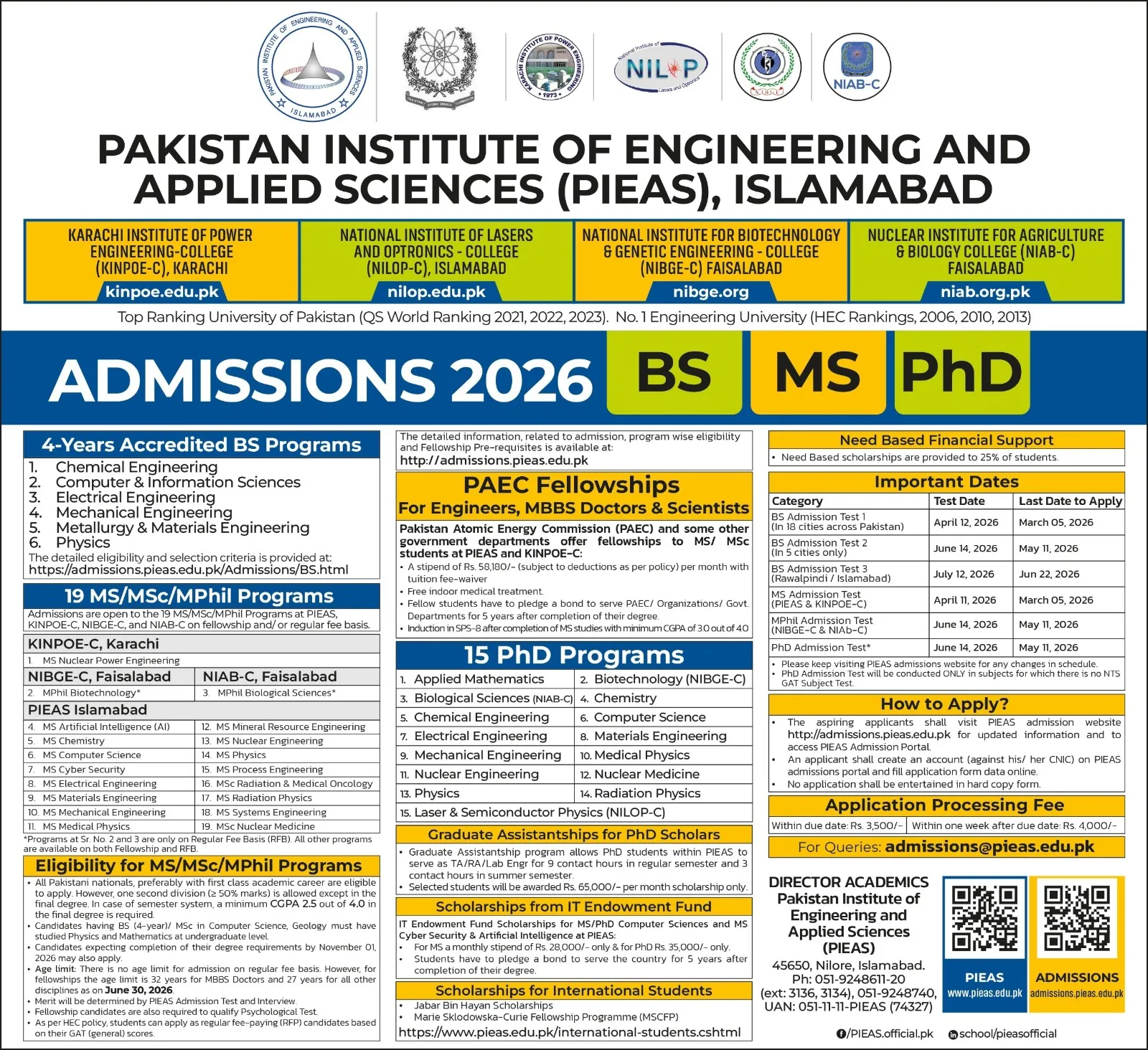 Pakistan Institute of Engineering & Applied Sciences Islamabad (PIEAS) Fall Admission 2026 admission advertisement