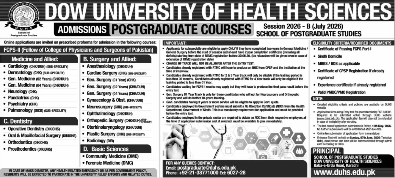 DOW University of Health Sciences Karachi (DUHS) Fall Admissions admission advertisement
