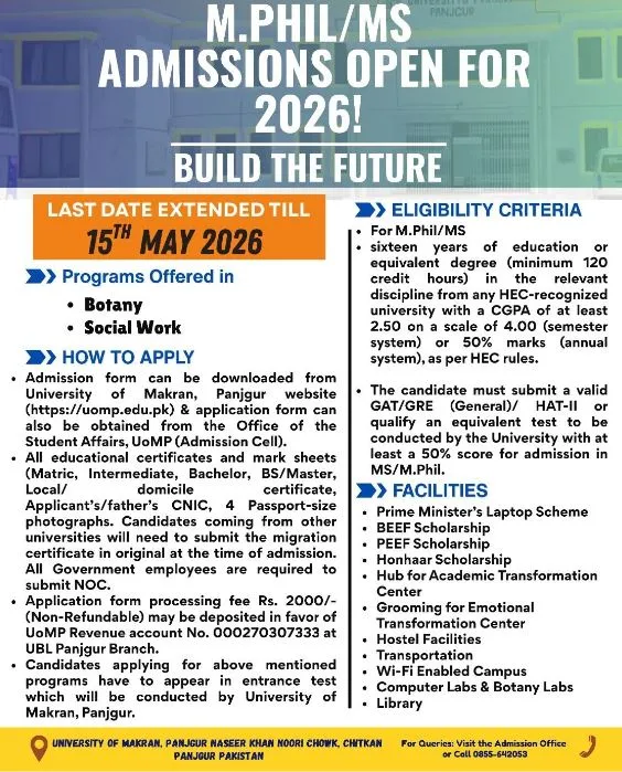 University of Makran Panjgur (UoM) MPhil MS Admission 2026 admission advertisement