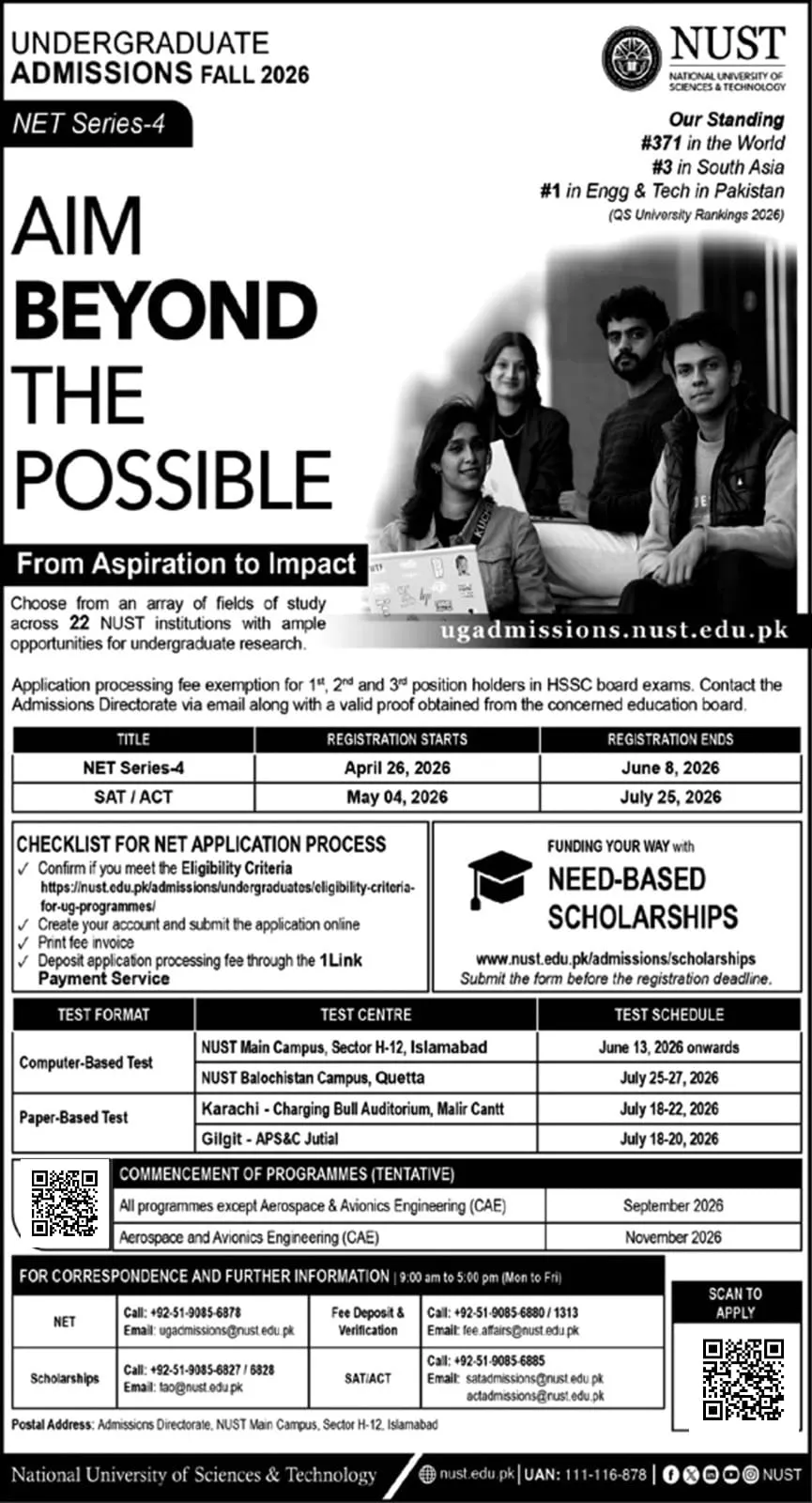 National University of Sciences & Technology Islamabad (NUST) Fall Admission 2026 admission advertisement